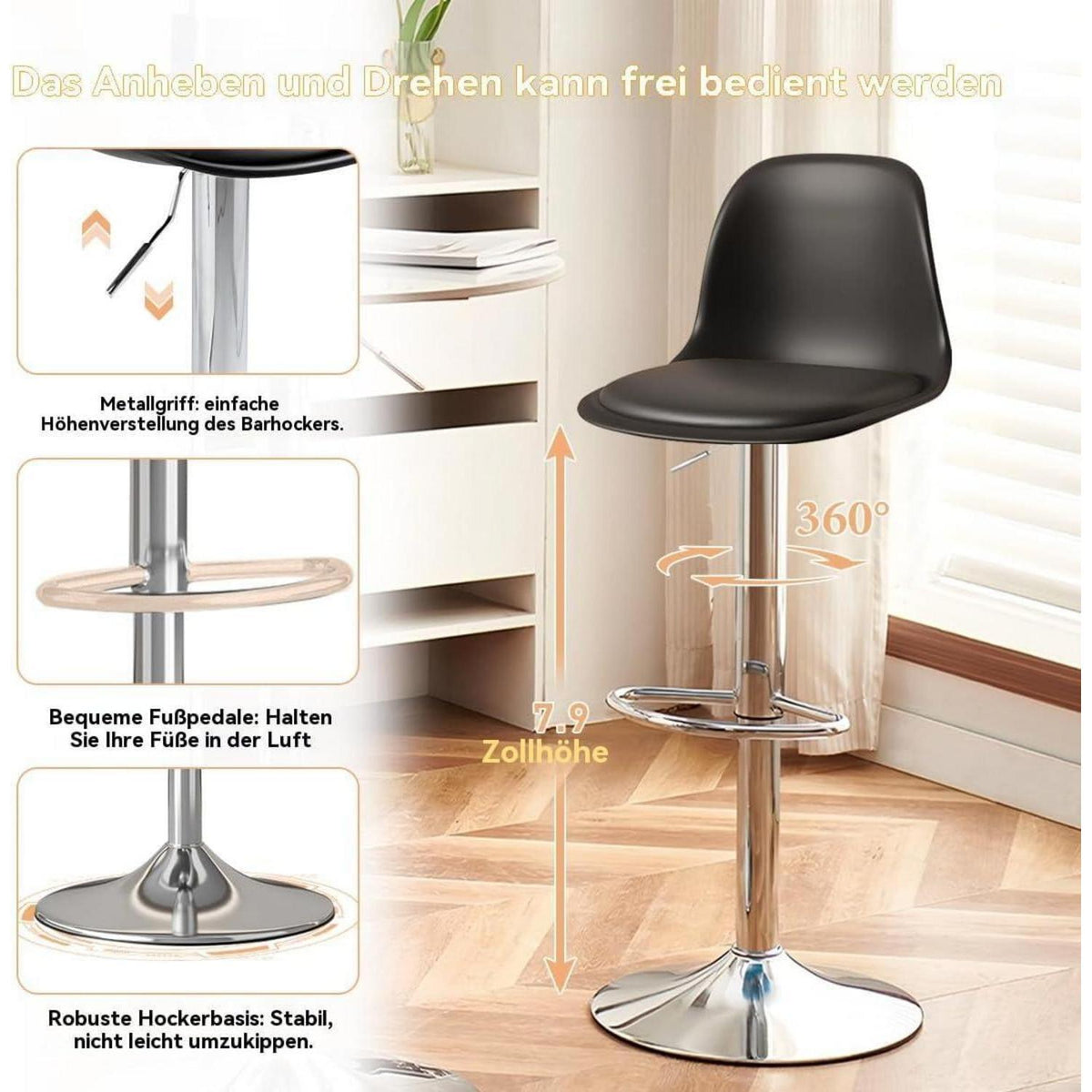 Modernes Barhocker-Set (2x Schwarz) – Höhenverstellbar & Drehbar