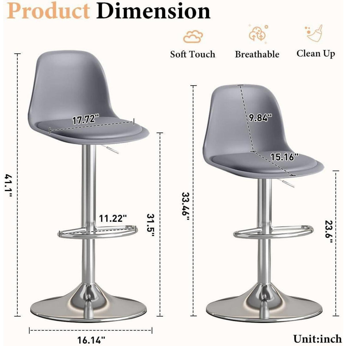 Modernes Barhocker-Set (4x Grau) – Höhenverstellbar & Drehbar