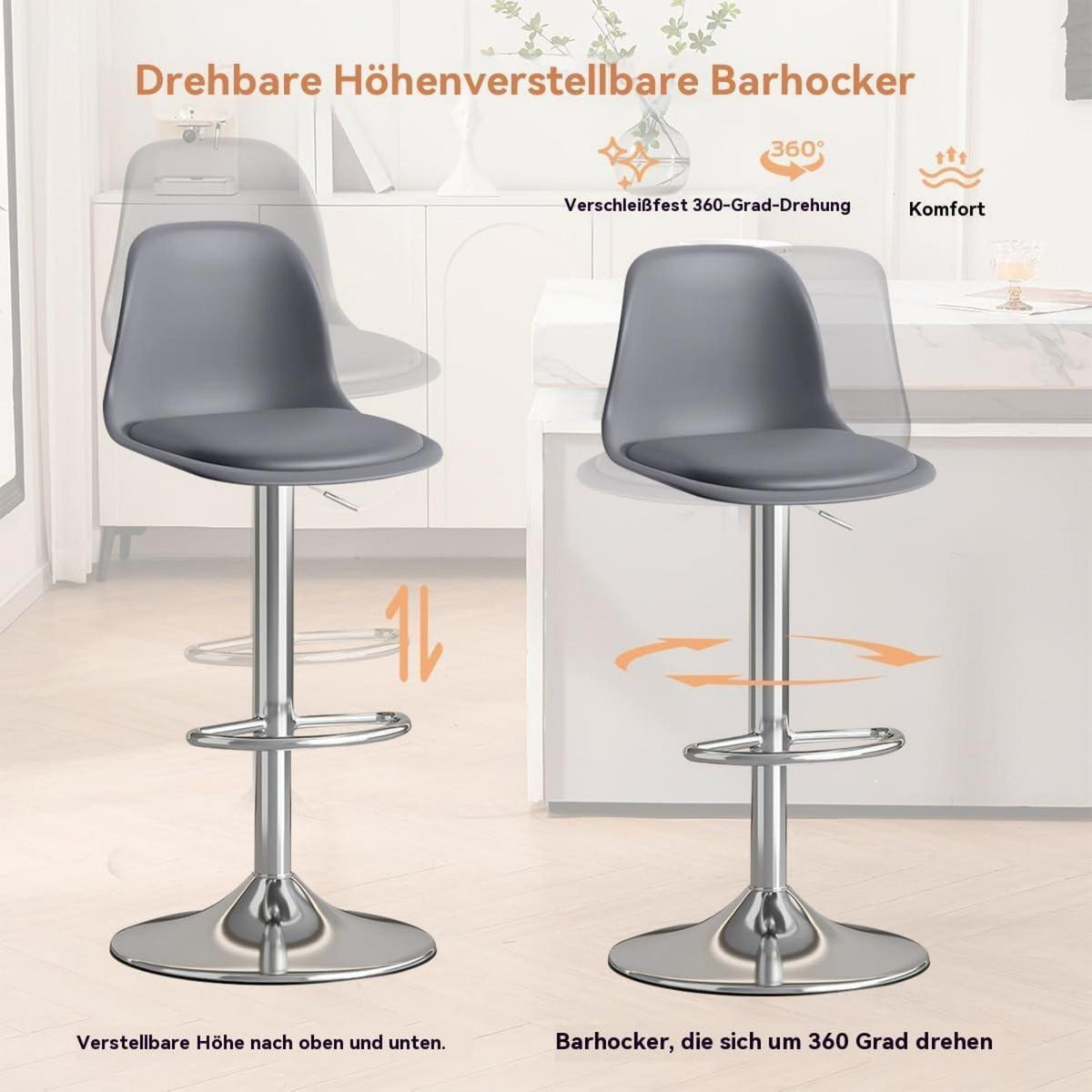 Modernes Barhocker-Set (4x Grau) – Höhenverstellbar & Drehbar