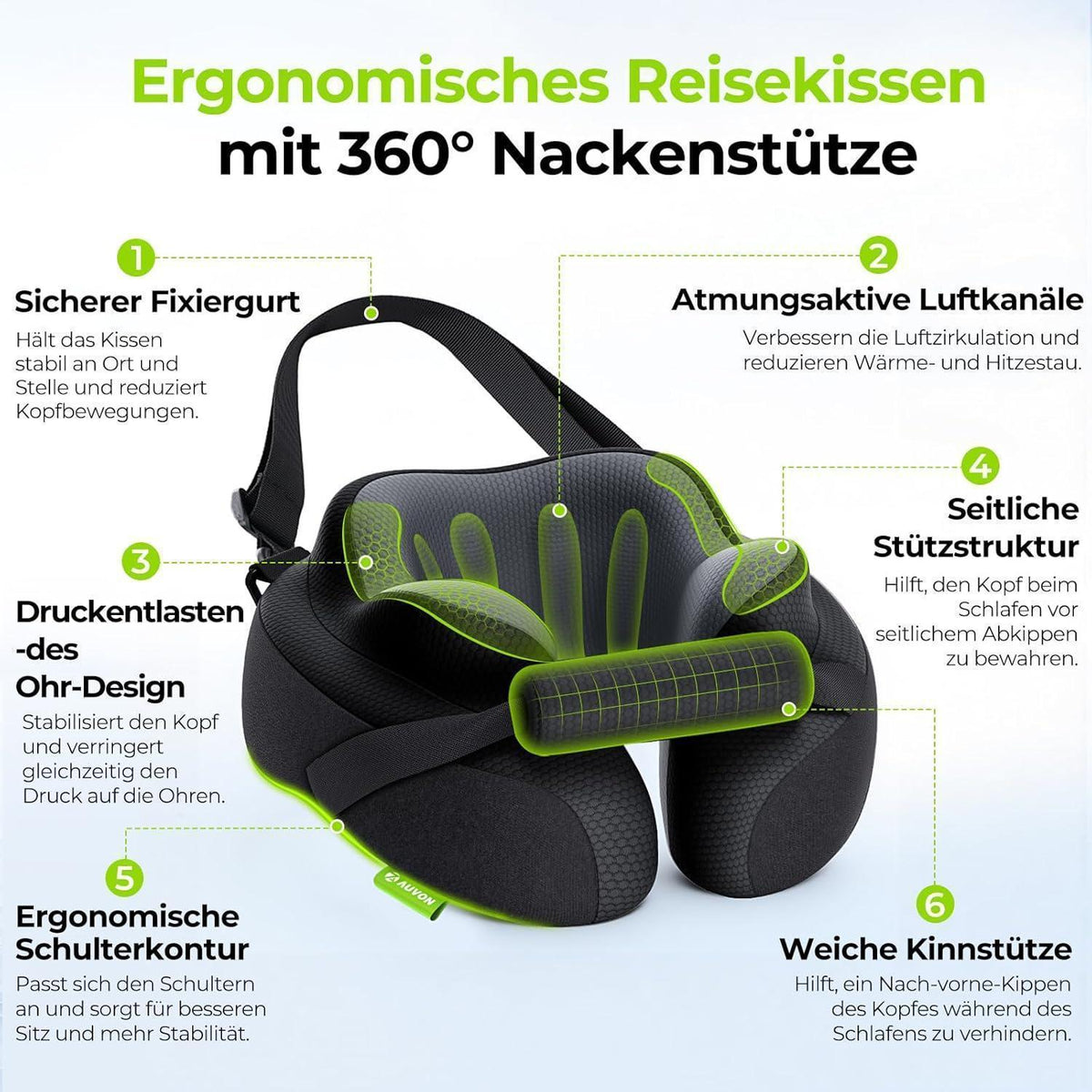 Reisekissen mit Kinnstütze – Ergonomische Nackenstütze für Flugzeug & Auto