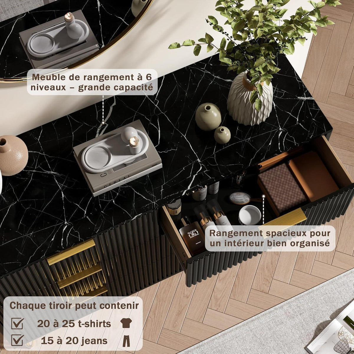 Kommode 6 Schubladen Schwarz | Modernes Schlafzimmer Möbel mit Marmoroptik