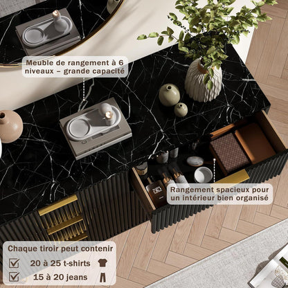 Kommode 6 Schubladen Schwarz | Modernes Schlafzimmer Möbel mit Marmoroptik