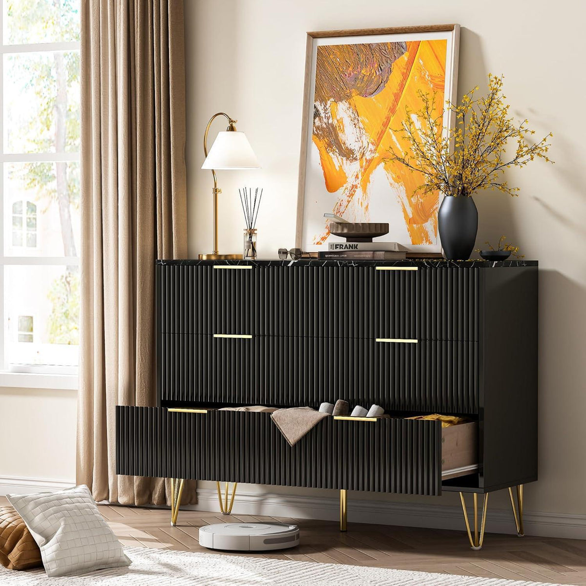Kommode 6 Schubladen Schwarz | Modernes Schlafzimmer Möbel mit Marmoroptik