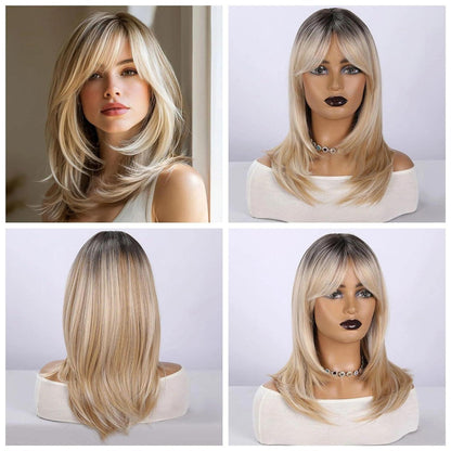 20 Zoll Gerade Blonde Bob Perücke mit Pony & Dunklen Wurzeln