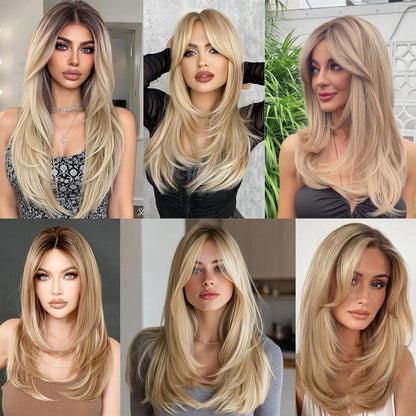 20 Zoll Gerade Blonde Bob Perücke mit Pony & Dunklen Wurzeln