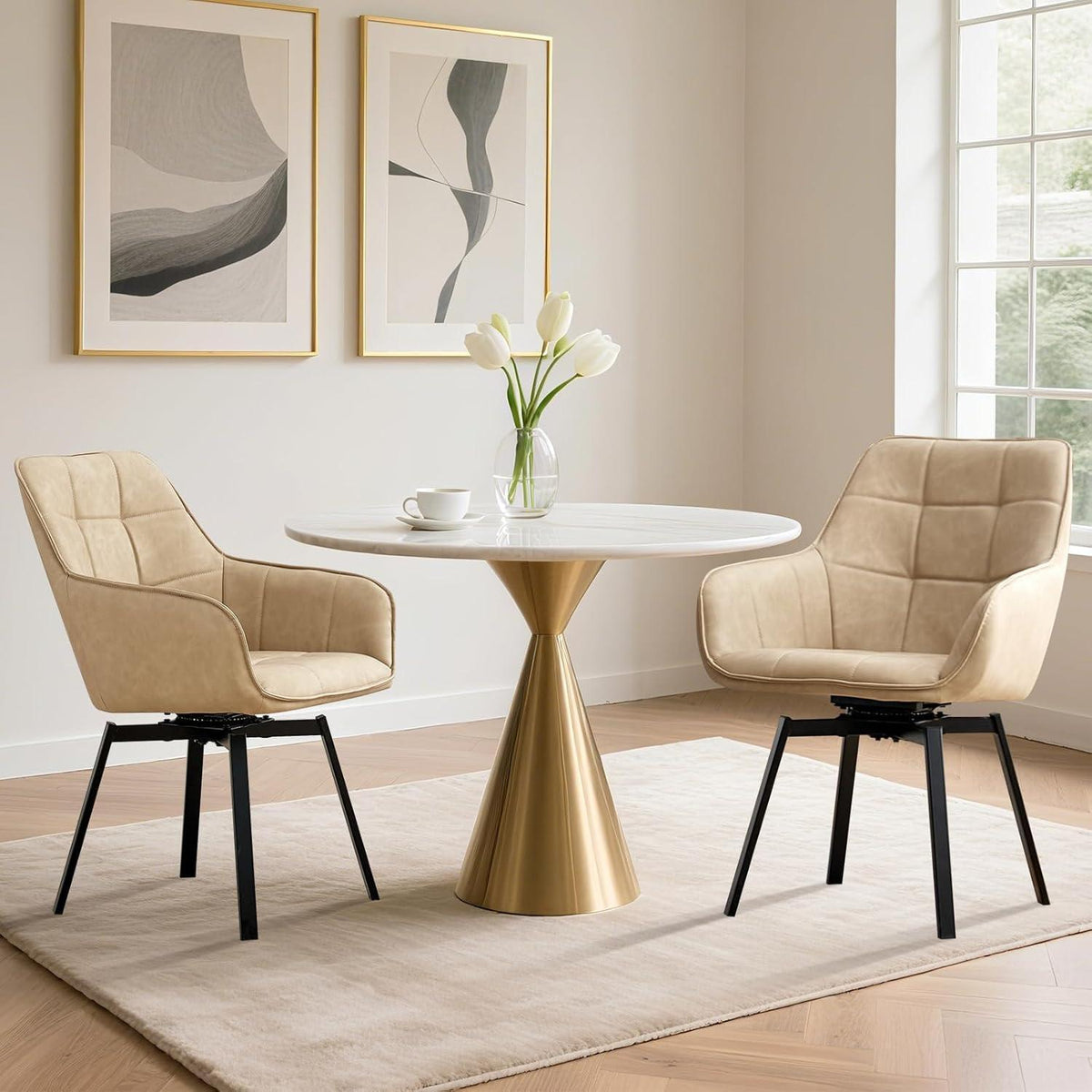 Drehbare Esszimmerstühle Set 4 – Beige mit Armlehnen in Lederoptik