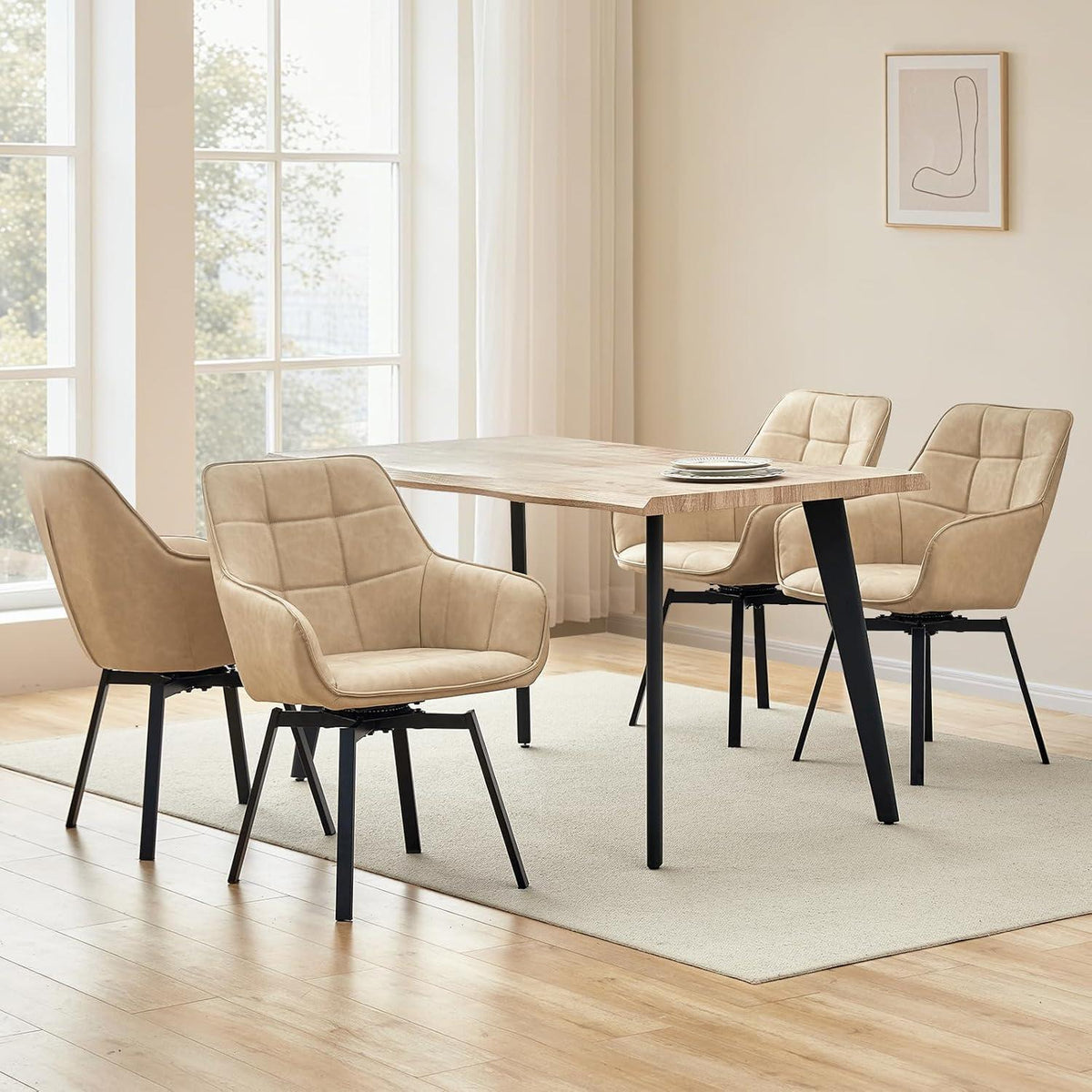 Drehbare Esszimmerstühle Set 4 – Beige mit Armlehnen in Lederoptik