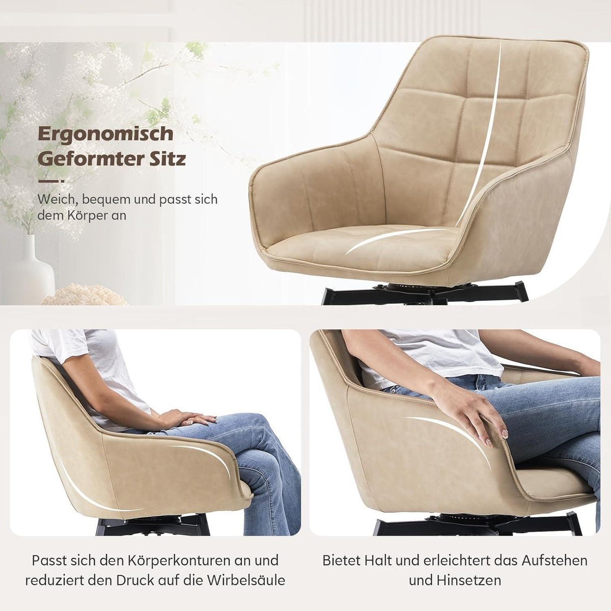 Drehbare Esszimmerstühle Set 4 – Beige mit Armlehnen in Lederoptik