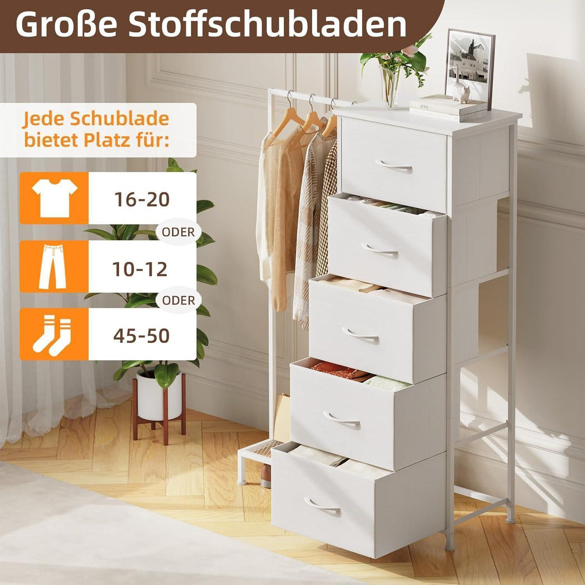 Kommode mit 5 Schubladen & Kleiderstange – Weiß