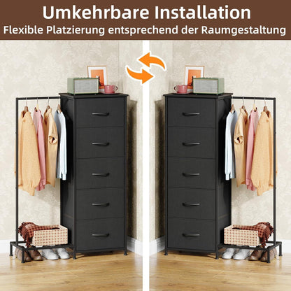 Stoffkommode mit Kleiderstange & 5 Schubladen – Schwarz