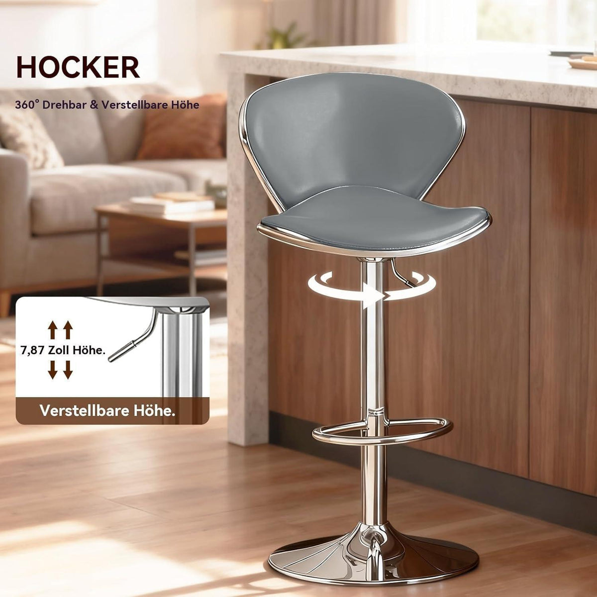 Moderne Barhocker-Set (2x Grau) mit Fußstütze & Höhenverstellung