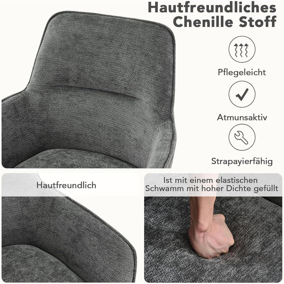 Drehbarer Esszimmerstuhl Set 2x mit Chenille & Armlehne Dunkelgrau