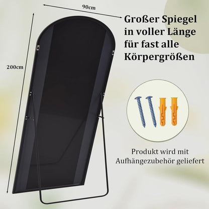 Großer Gewölbter Standspiegel 200x90 cm | Wand & Stand | Schwarz