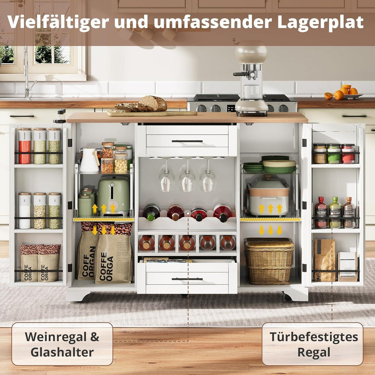 Küchenwagen mit Klappplatte & Schubladen – Mobile Kücheninsel White