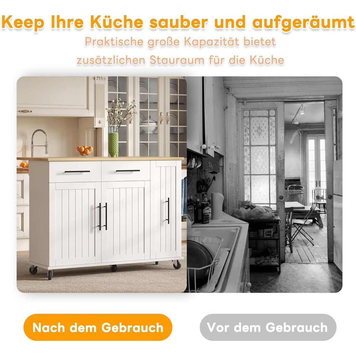 Küchenwagen mit Klappplatte & Schublade – Mobile Kücheninsel Weiß