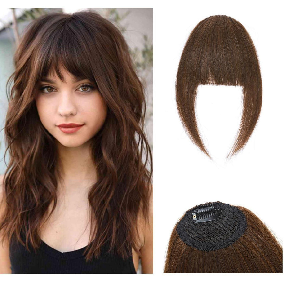 Clip-in Pony Echthaar Curved Bangs mit Schläfen Mittelbraun #4