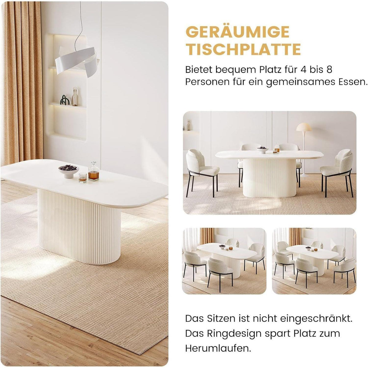 Esszimmertisch Set Weiß mit 6 Stoffstühlen – Skandinavisches Design