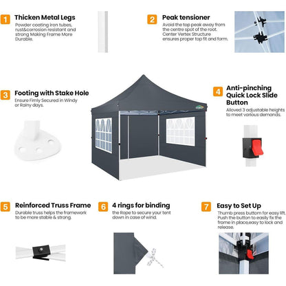 Faltpavillon 3x3 wasserdicht mit Seitenwänden & UV-Schutz
