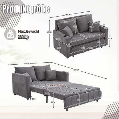 Zweisitzer Sofa mit Schlaffunktion & Aufbewahrung, Grau
