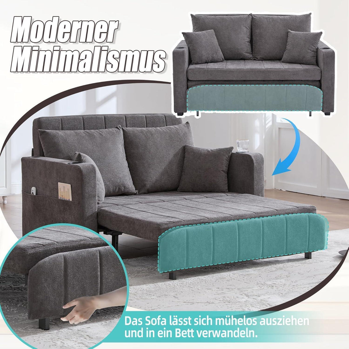 Zweisitzer Sofa mit Schlaffunktion & Aufbewahrung, Grau