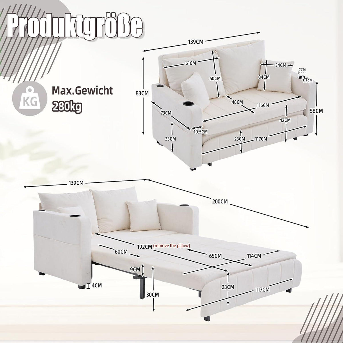 Zweisitzer Sofa mit Schlaffunktion & Aufbewahrung, Beige