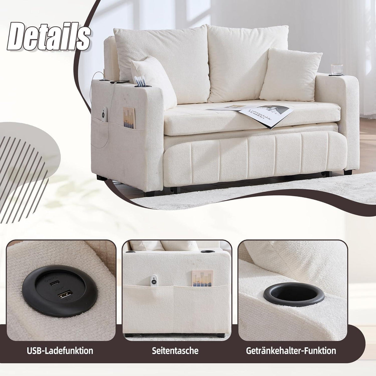 Zweisitzer Sofa mit Schlaffunktion & Aufbewahrung, Beige
