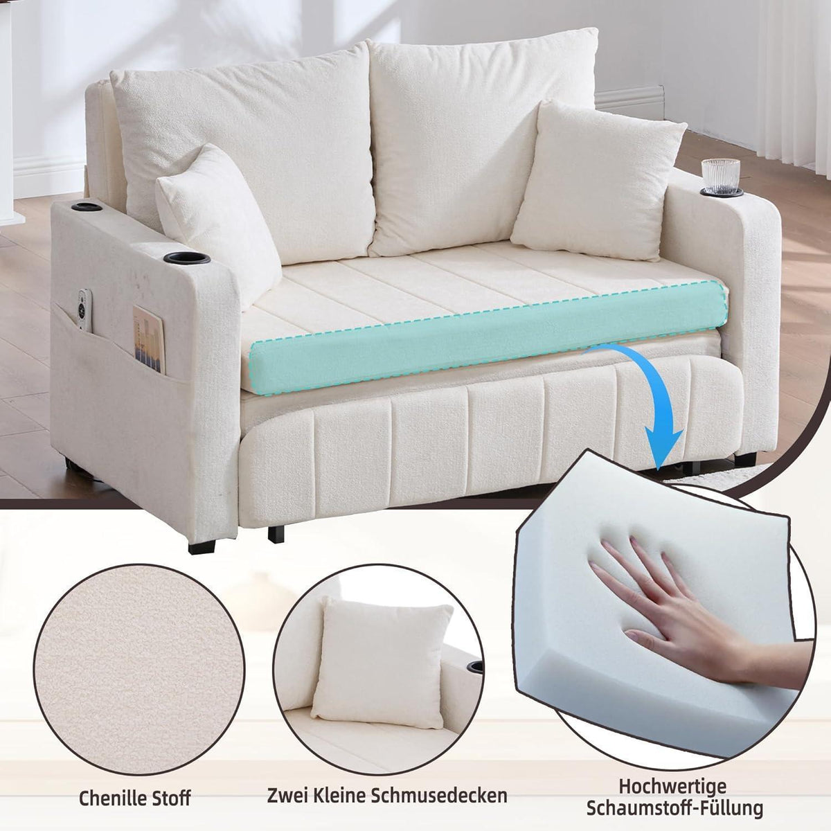 Zweisitzer Sofa mit Schlaffunktion & Aufbewahrung, Beige