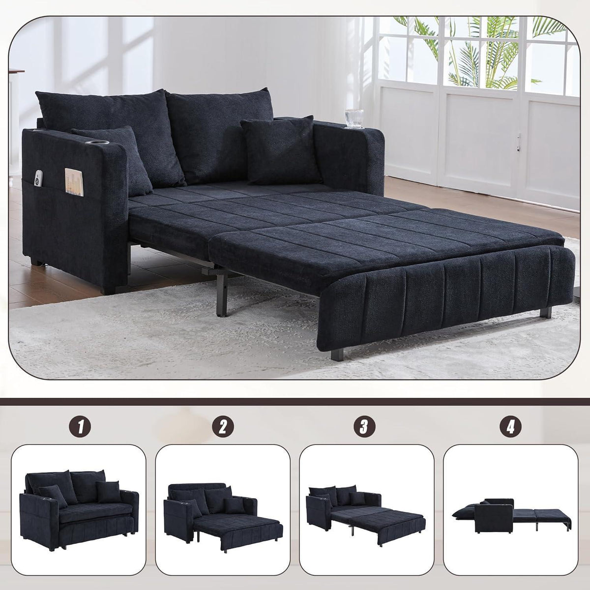 Zweisitzer Sofa mit Schlaffunktion & Aufbewahrung – Schwarz