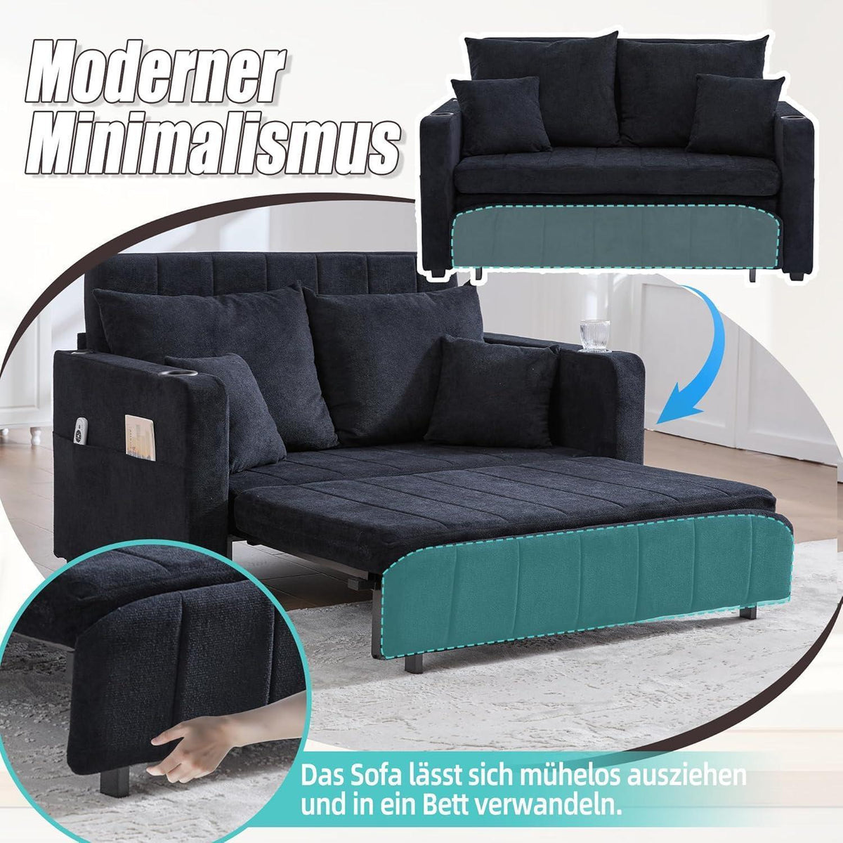 Zweisitzer Sofa mit Schlaffunktion & Aufbewahrung – Schwarz