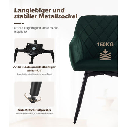 Drehbare Samt Esszimmerstühle 6er Set mit Armlehnen, Grün