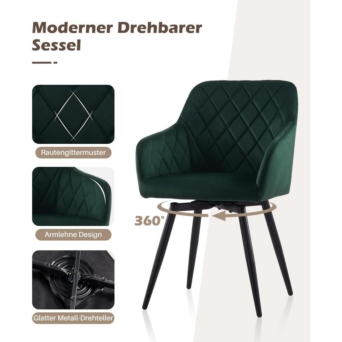 Drehbare Samt Esszimmerstühle 6er Set mit Armlehnen, Grün