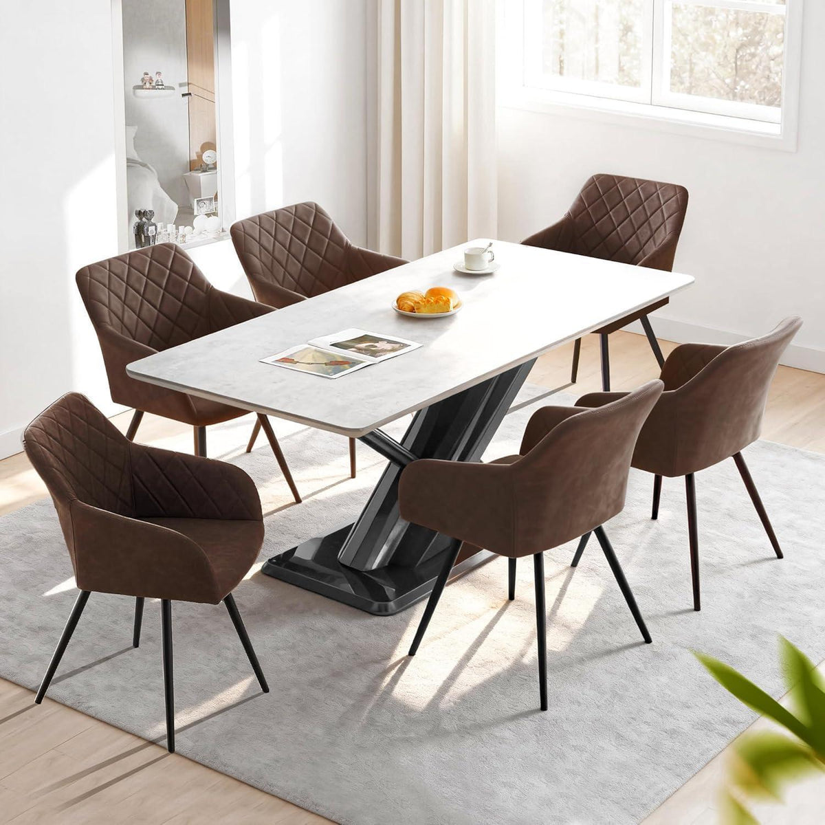 Drehbare Esszimmerstühle Set 6x mit Armlehnen Braun in Lederoptik