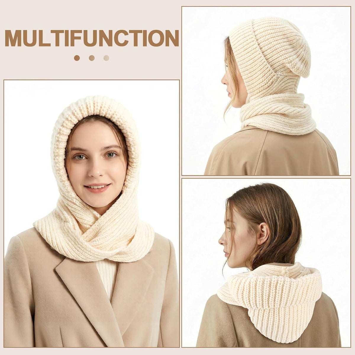 Thermo Strickmütze Damen Fleecegefüttert mit Schal | Wintermütze Beige