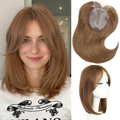Hellbrauner Haar Topper mit Pony | Clip-in, 14 Zoll, Synthetik