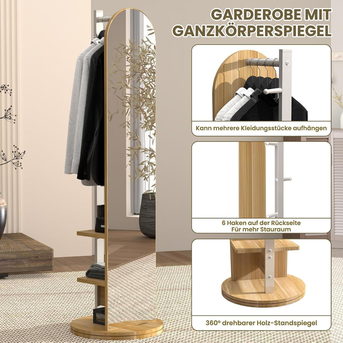 360° Ganzkörperspiegel mit Garderobe & Ablagen
