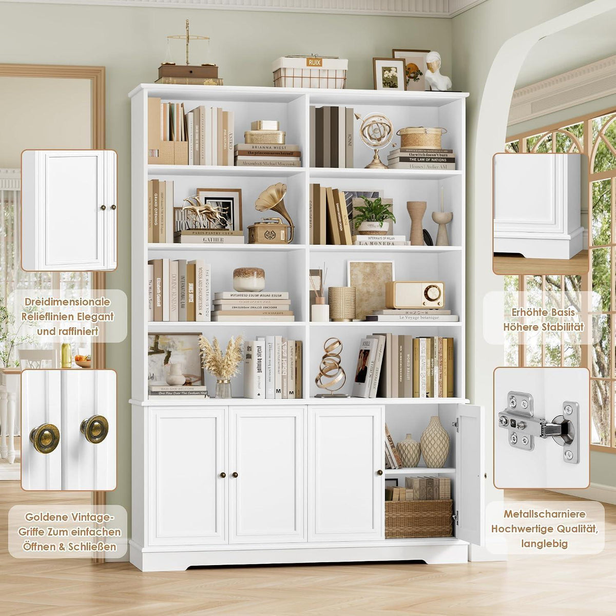 Bücherregal 185cm mit Türen & Fächern – Weißes Holzregal