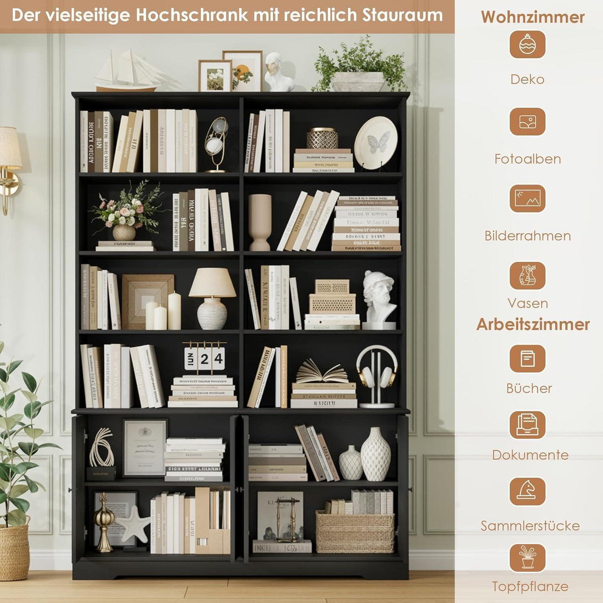 185cm Bücherregal mit Türen & Fächern – Schwarz
