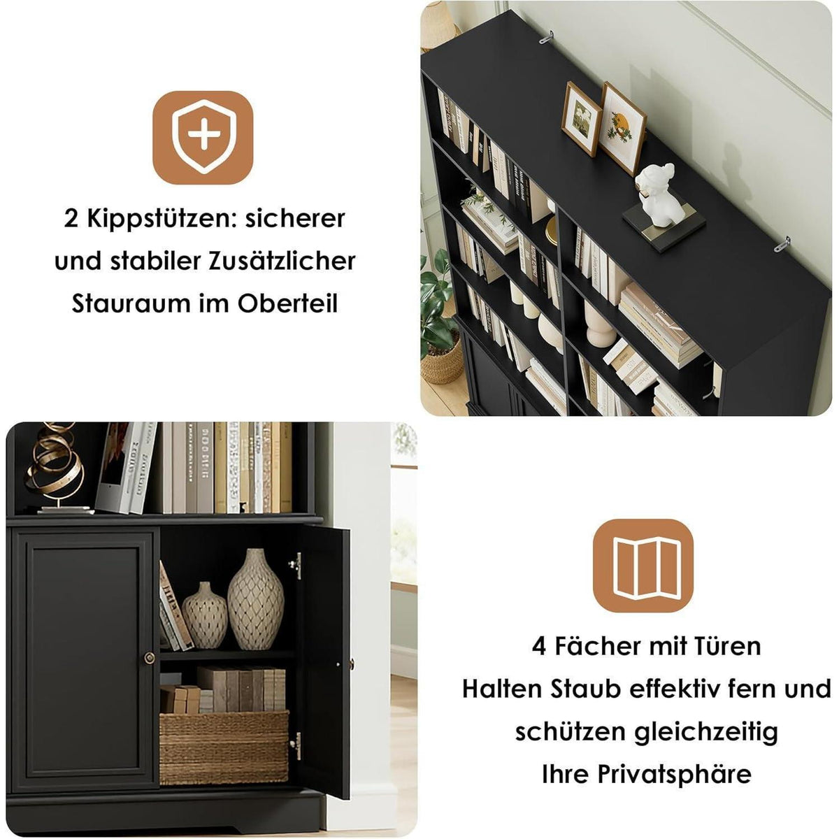 185cm Bücherregal mit Türen & Fächern – Schwarz