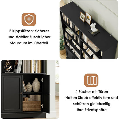185cm Bücherregal mit Türen & Fächern – Schwarz