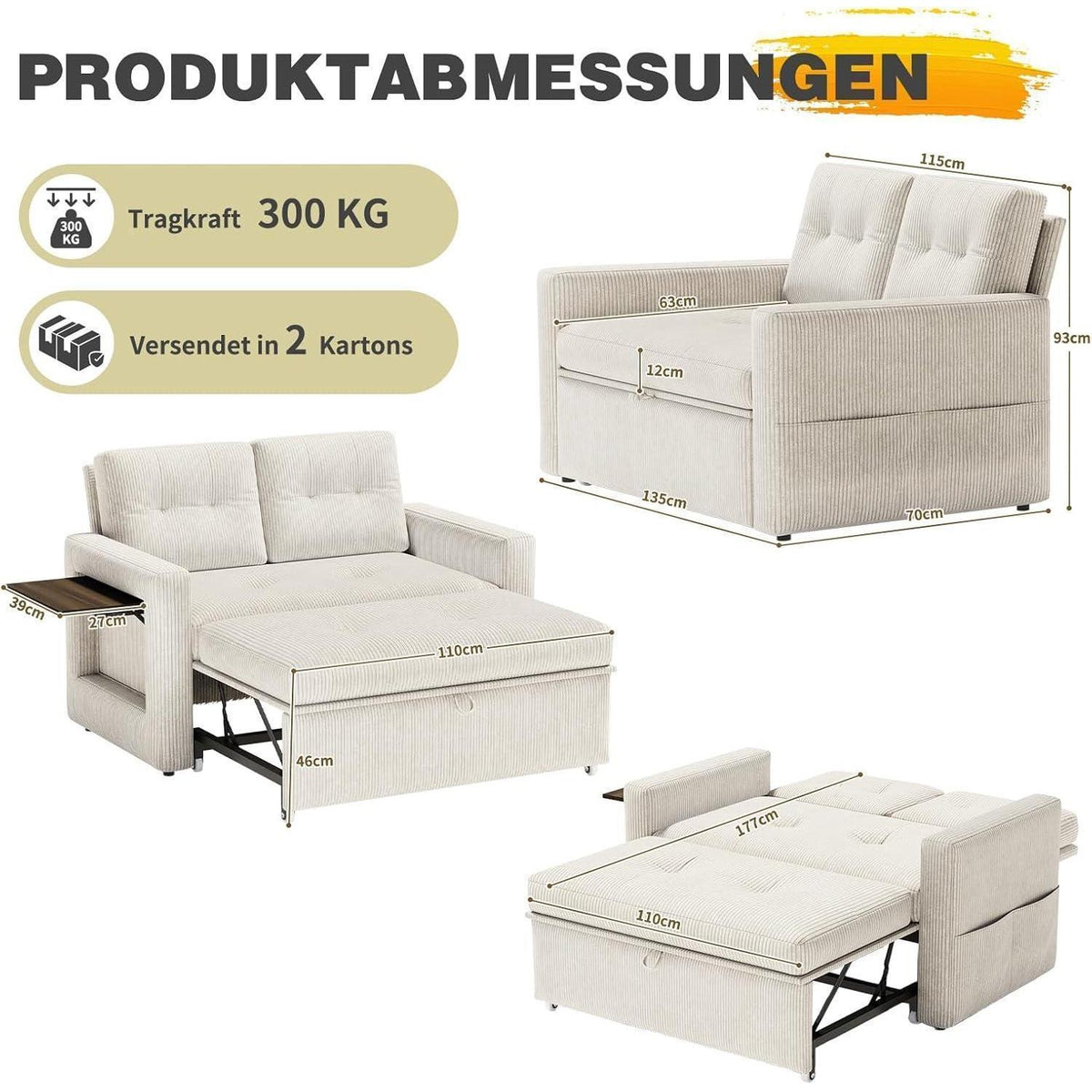 Schlafsofa mit Klapptisch & Verstelllehne – Cord Beige