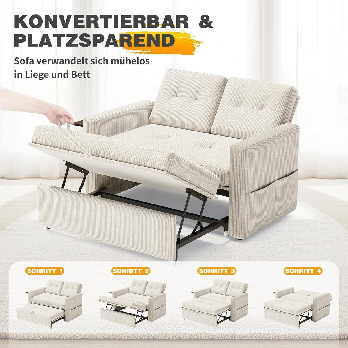 Schlafsofa mit Klapptisch & Verstelllehne – Cord Beige