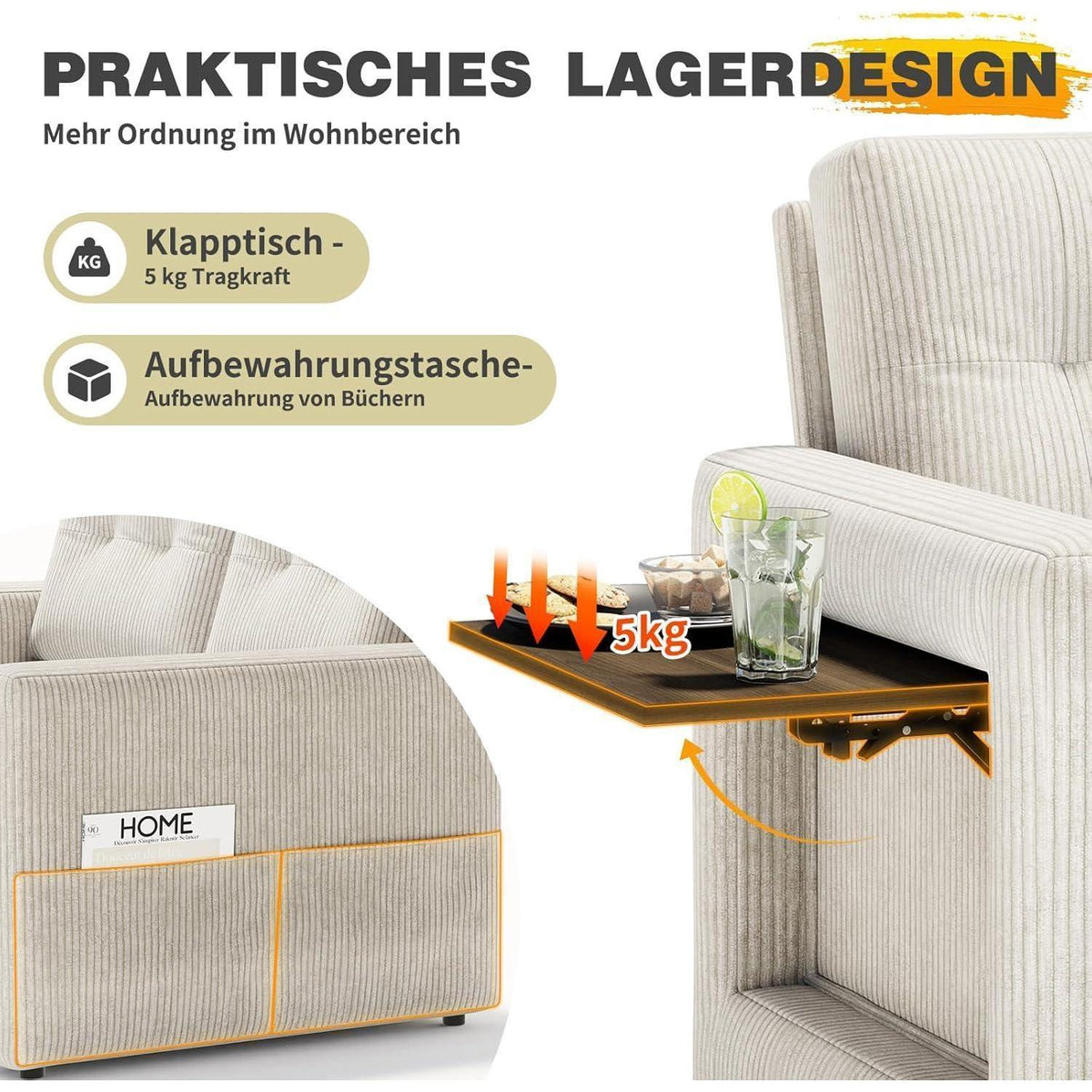 Schlafsofa mit Klapptisch & Verstelllehne – Cord Beige
