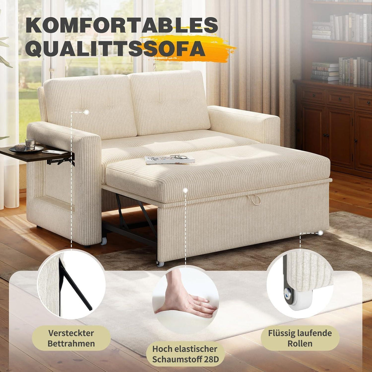 Schlafsofa mit Klapptisch & Verstelllehne – Cord Beige