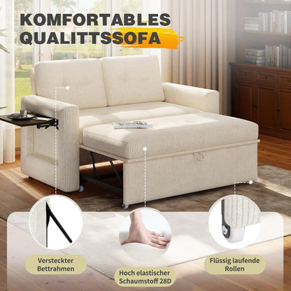 Schlafsofa mit Klapptisch & Verstelllehne – Cord Beige