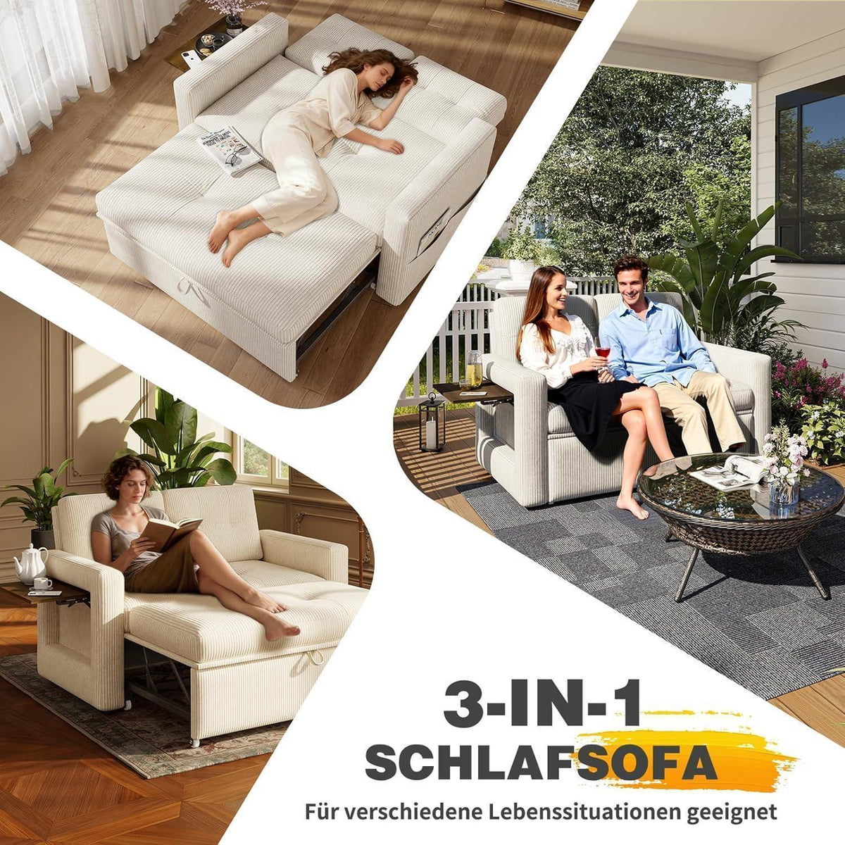 Schlafsofa mit Klapptisch & Verstelllehne – Cord Beige