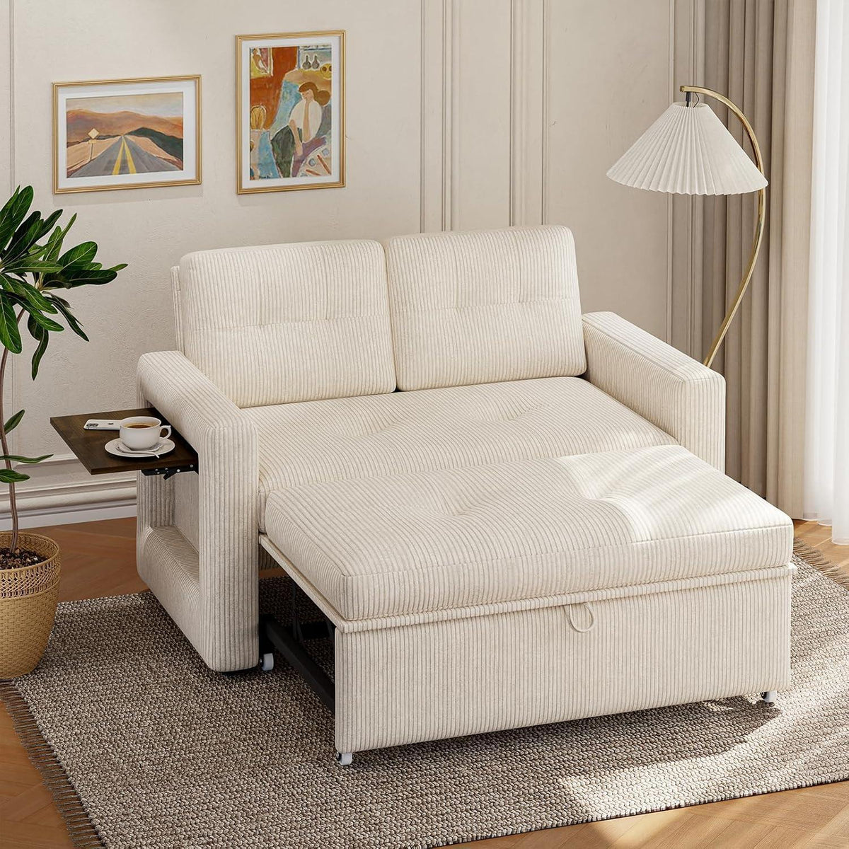 Schlafsofa mit Klapptisch & Verstelllehne – Cord Beige