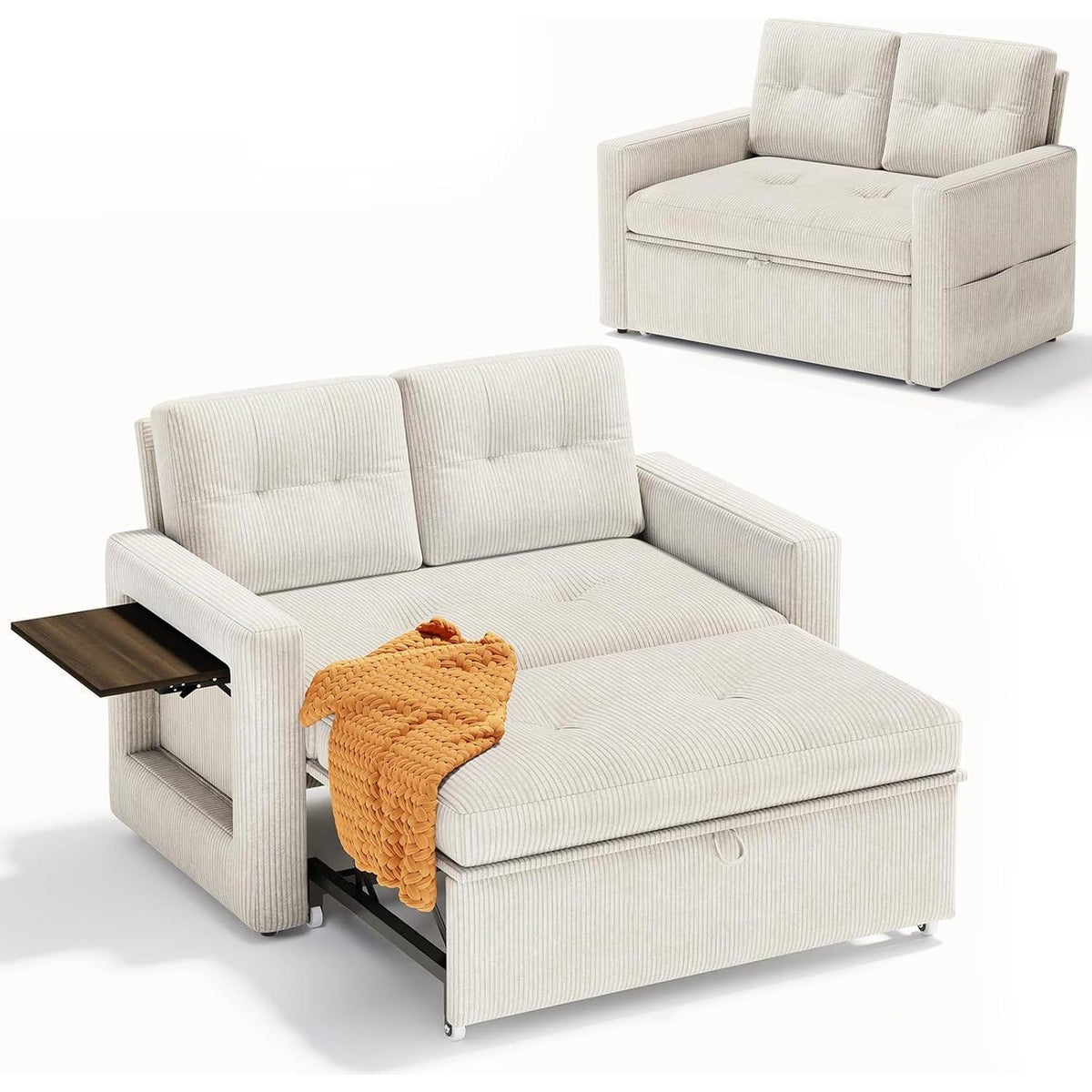 Schlafsofa mit Klapptisch & Verstelllehne – Cord Beige