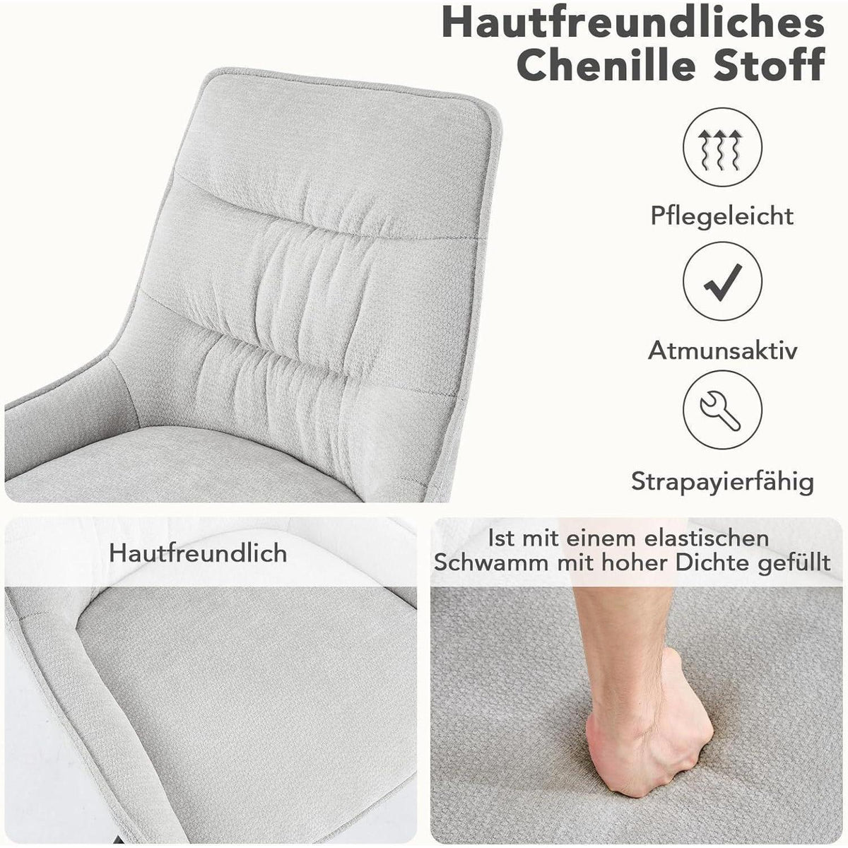 Drehbarer Esszimmerstuhl Set, Chenille, Hellgrau, 4 Stück