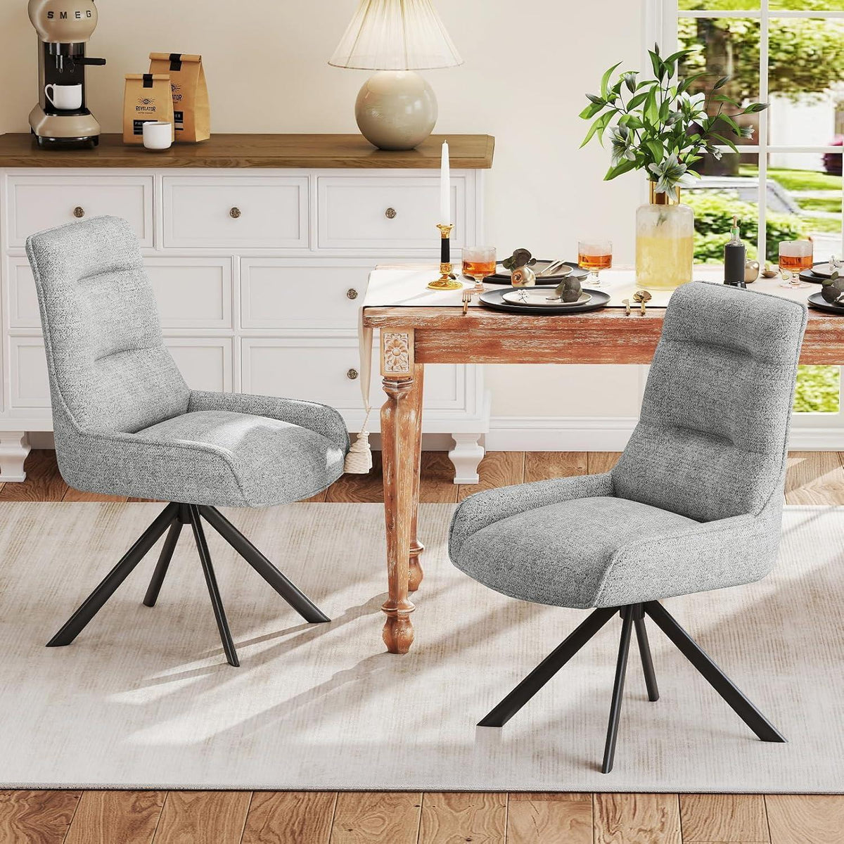 Drehbarer Esszimmerstuhl Set, Chenille, Hellgrau