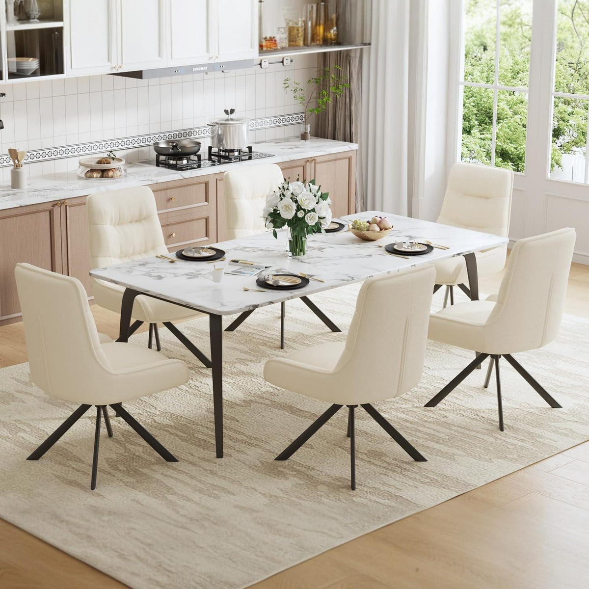 Drehstuhl Esszimmer 6er Set – Chenille Esszimmerstühle Beige